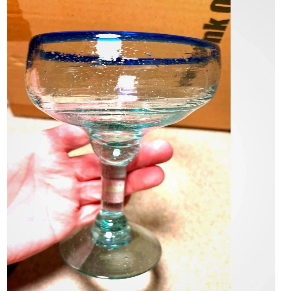 Margarita Glass Clear Blue Good Hand Blown Cobalt Rim